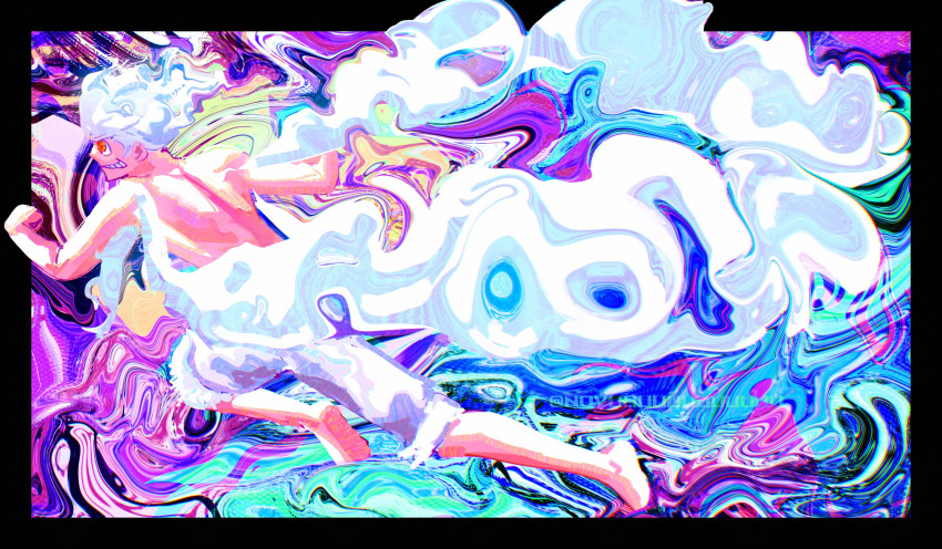 1boy, alternate_form, barefoot, gear_fifth, grin, highres, male_focus, monkey_d._luffy, multicolored_background, neon_palette, novuuuuuuuuuuuu, one_piece, orange_eyes, profile, purple_shorts, running, short_hair, shorts, smile, smoke, solo, topless_male, twitter_username, white_hair