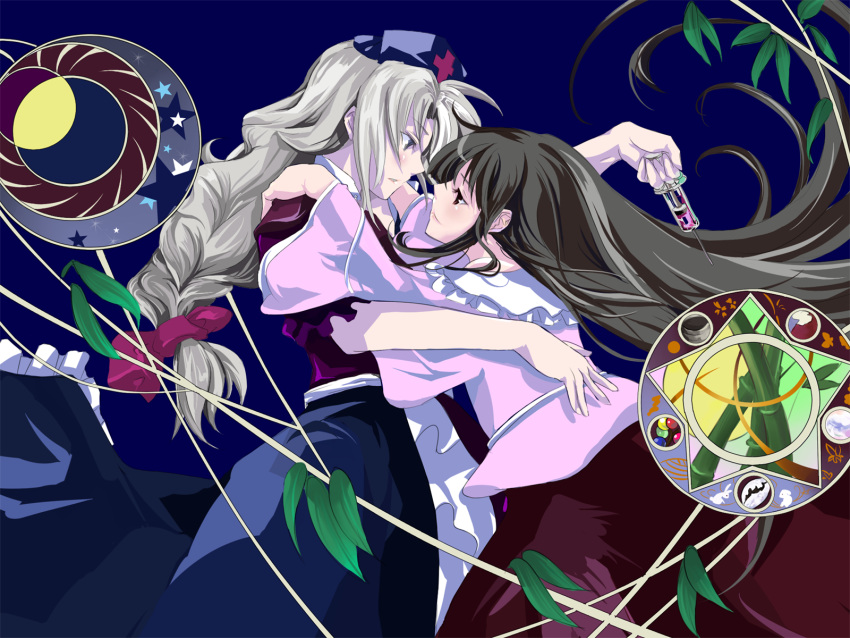 black_hair, blue_eyes, braid, brown_eyes, eye_contact, hair_ornament, hair_ribbon, hat