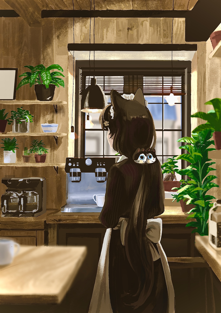 1girl, absurdres, black_hair, cafe, coffee_grinder, coffee_maker, from_behind, highres