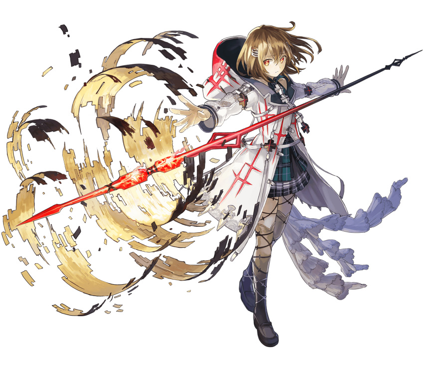 1girl, closed_mouth, full_body, highres, hood, hooded_jacket, jacket, long_sleeves, longinus_(phantom_of_the_kill), official_alternate_costume, official_art, outstretched_arm, phantom_of_the_kill, plaid_clothes, pleated_skirt, polearm, shadow, simple_background, skirt, solo, spear, standing, transparent_background, watarubou, weapon, white_jacket