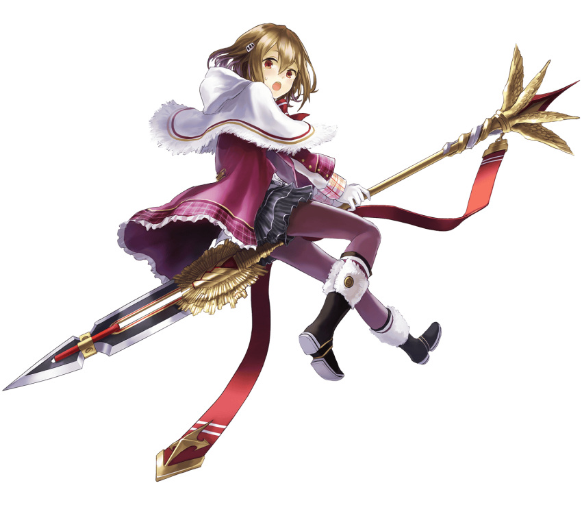 1girl, black_footwear, boots, crossed_bangs, from_side, full_body, gloves, hair_between_eyes, hair_ornament, highres, holding, holding_polearm, holding_weapon, jacket, light_brown_hair, longinus_(phantom_of_the_kill), looking_at_viewer, official_alternate_costume, official_art, open_mouth, orange_eyes, pantyhose, phantom_of_the_kill, polearm, purple_jacket, purple_pantyhose, simple_background, skirt, solo, spear, sweatdrop, teeth, transparent_background, upper_teeth_only, watarubou, weapon, white_gloves