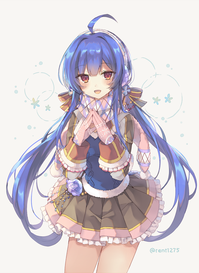 1girl, ahoge, blue_hair, chakuma_academy_uniform, earmuffs, headdress, jellyfish, low_twintails, noa_(shironeko_project), official_alternate_costume, patterned_clothing, pleated_skirt, red_eyes, rento_(rukeai), scarf, shironeko_project, skirt, solo, sweater, twintails, winter_clothes, winter_gloves