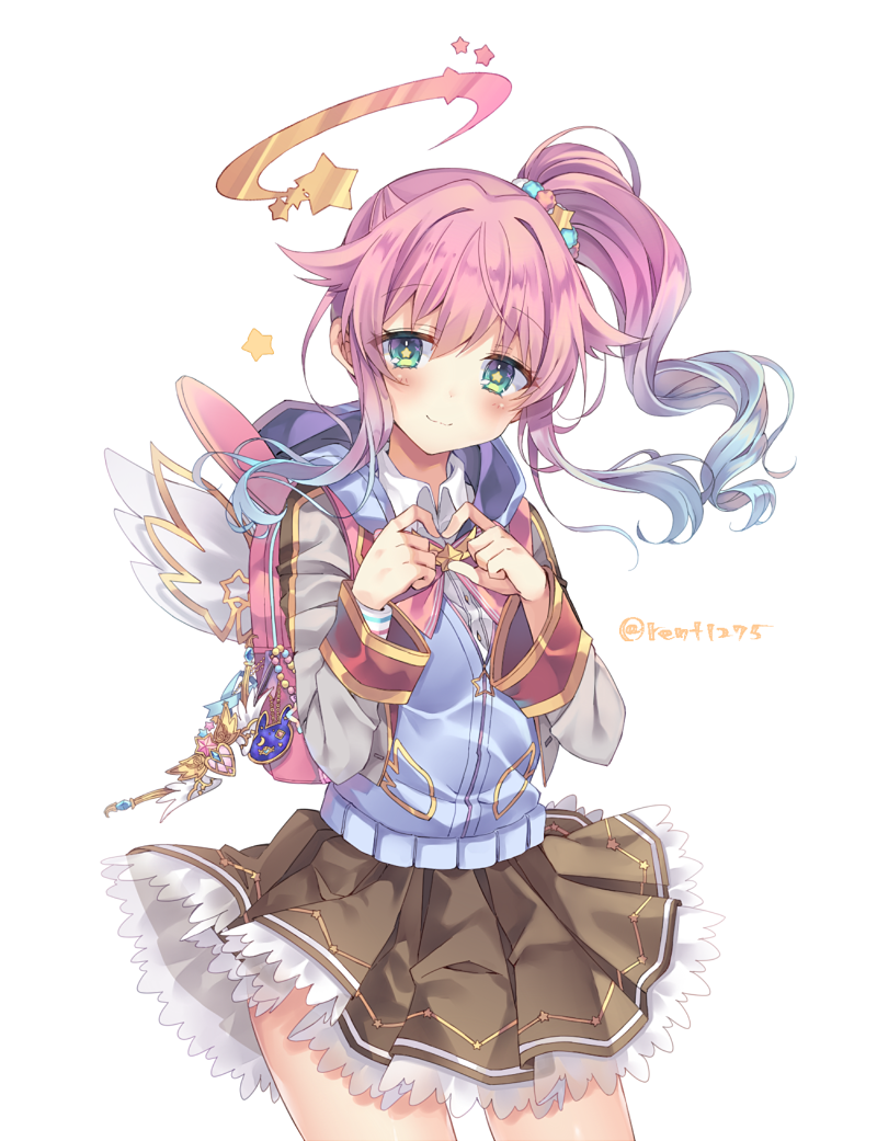 1girl, angel, bag, chakuma_academy_uniform, feathered_wings, gradient_hair, hair_ornament, halo