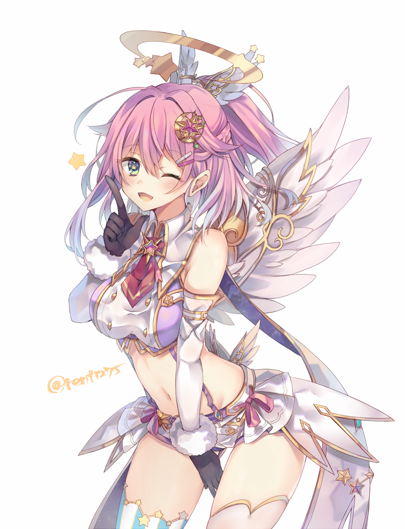1girl, angel, angel_wings, asymmetrical_legwear, detached_sleeves, feathered_wings, fur-trimmed_gloves, fur_trim