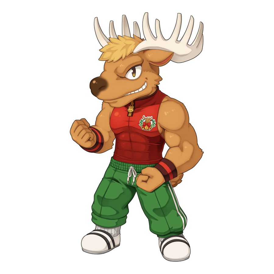 1boy, animal_ears, antlers, blonde_hair, brown_eyes, chibi, chibi_only, clenched_hands, full_body, furry, furry_male, green_pants, grey_socks, grin, hellrock, horns, looking_at_viewer, male_focus, mohawk, moose_boy, moose_ears, moose_tail, muscular, muscular_male, official_art, pants, ragnarok_online, red_shirt, shirt, shoes, short_hair, simple_background, sleeveless, sleeveless_shirt, smile, socks, solo, tail, track_pants, transparent_background, white_footwear, wristband, yuichirou