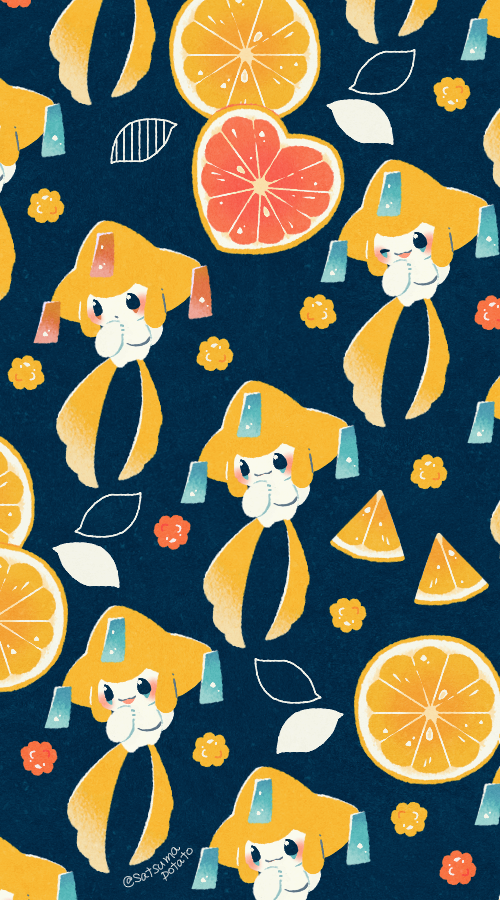 alternate_color, black_eyes, blood_orange, blue_background, bright_pupils, food, fruit, full_body, jirachi, no_humans, one_eye_closed, open_mouth, orange_(fruit), orange_slice, pokemon, pokemon_(creature), satsumapotato, shiny_pokemon, smile, tanzaku, twitter_username, white_pupils