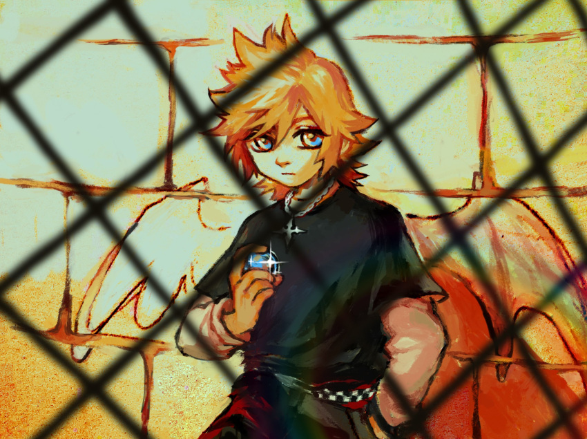 1boy, alternate_costume, belt, black_pants, black_shirt, blonde_hair, blue_eyes, blurry