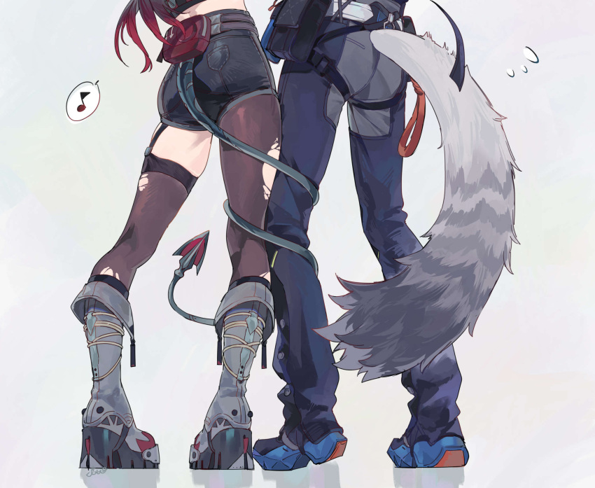 1boy, 1girl, ass, black_shorts, blue_footwear, blue_pants, boots, cat_boy