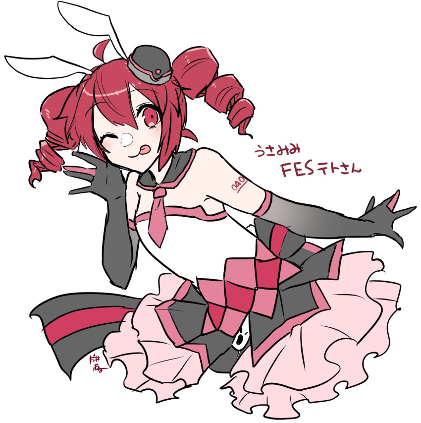 ahoge, animal_ears, black_gloves, breasts, dress, drill_hair, elbow_gloves, fake_animal_ears, frilled_dress, frills, gloves, hair_between_eyes, hand_on_own_face, hat, highres, kasane_teto, katai_uji, layered_dress, long_hair, looking_at_viewer, neckerchief, one_eye_closed, rabbit_ears, red_eyes, red_neckerchief, redhead, sidelocks, simple_background, small_breasts, spread_fingers, strapless, strapless_dress, synthesizer_v, tongue, tongue_out, translation_request, twin_drills, twintails, utau, white_background, white_dress