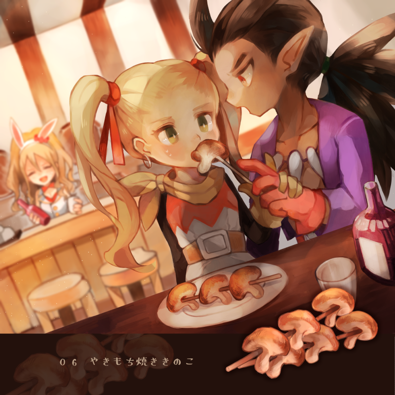 1boy, 2girls, animal_ears, antenna_hair, black_sleeves, blonde_hair, blurry, blurry_background