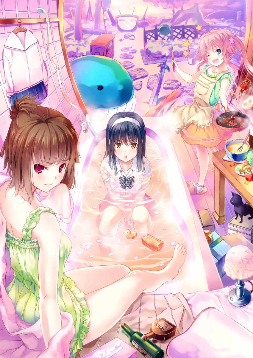 :d, :o, absurdres, apple, apron, barefoot, bath, bathtub