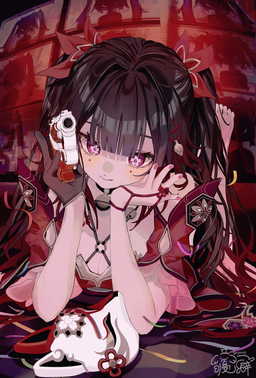 1girl, absurdres, bell, black_gloves, black_hair, criss-cross_halter, flower-shaped_eyewear, fox_mask