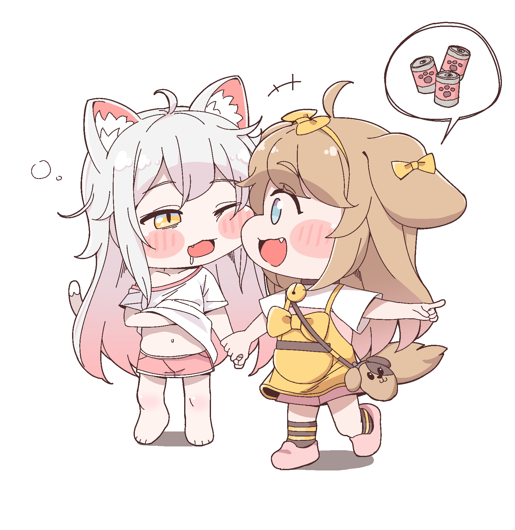 2girls, :3, ahoge, animal_ear_fluff, animal_ears, artist_request, bag, barefoot, bell, blue_eyes, bow, brown_eyes, brown_hair, butter_(trickcal), can, canned_food, cat_ears, cat_girl, cat_tail, chibi, clothes_lift, collar, dog_ears, dog_girl, dog_tail, drooling, face-to-face, fang, full_body, hair_bow, hand_under_clothes, highres, holding_hands, jingle_bell, komi_(trickcal), lifting_own_clothes, long_hair, messy_hair, multiple_girls, navel, neck_bell, off_shoulder, one_eye_closed, open_mouth, pink_footwear, pink_hair, pink_shorts, pointing, ribbon, saliva, shirt, shirt_lift, shoes, short_sleeves, shorts, sleepy, slit_pupils, smile, socks, spoken_object, stomach, striped_clothes, striped_socks, tail, trickcal, white_shirt, yellow_ribbon, yellow_shirt