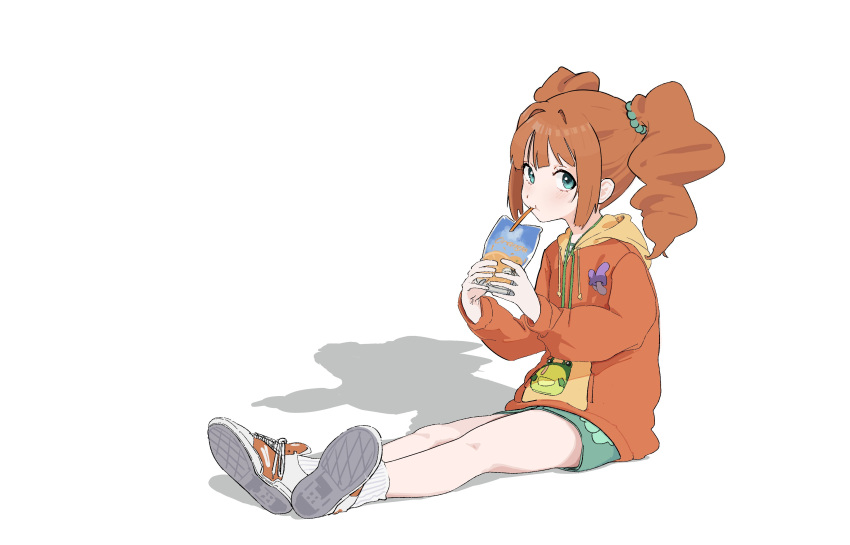 1girl, absurdres, blue_eyes, blue_shorts, capri_sun, drawstring, drink, drinking