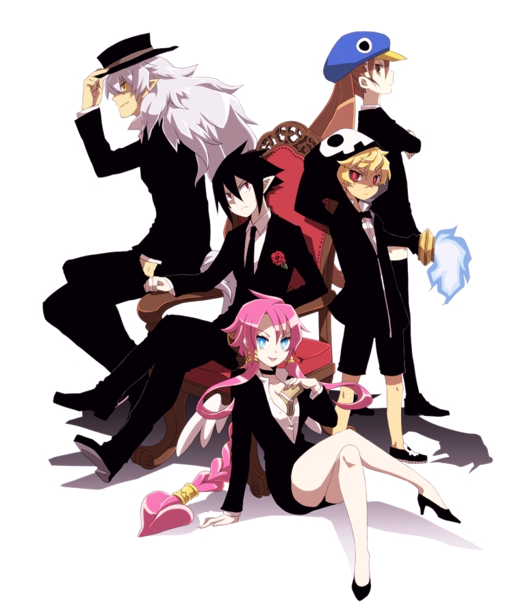 black_hair, blonde_hair, blue_eyes, braid, brown_eyes, brown_hair, chair, disgaea, disgaea_4, emizel, fenrich, flower, formal, hat, kazamatsuri_fuuka, long_hair, makai_senki_disgaea_4, money, nippon_ichi, pink_hair, pointy_ears, prinny, red_eyes, red_rose, rose, spiked_hair, spiky_hair, suit, tsukiko_(meltdown), twintails, valbatose, valvatorez_(disgaea), volcano_(disgaea), vulcanus_(disgaea_4), white_hair, yellow_eyes, zettai_ryouiki