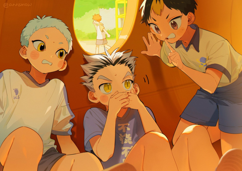 4boys, aged_down, annsmow, black_hair, blue_shirt, blue_shorts, bokuto_koutarou, brown_eyes, child, clenched_teeth, collared_shirt, covering_own_mouth, feet_out_of_frame, finger_to_mouth, haikyuu!!, hide_and_seek, highres, hinata_shouyou, hood, hood_down, hoodie, hoshiumi_kourai, male_focus, multicolored_hair, multiple_boys, nishinoya_yuu, playground, playing, shirt, short_sleeves, shorts, shushing, slit_pupils, streaked_hair, sweatdrop, t-shirt, teeth, two-tone_hoodie, white_hair, white_shirt, yellow_eyes