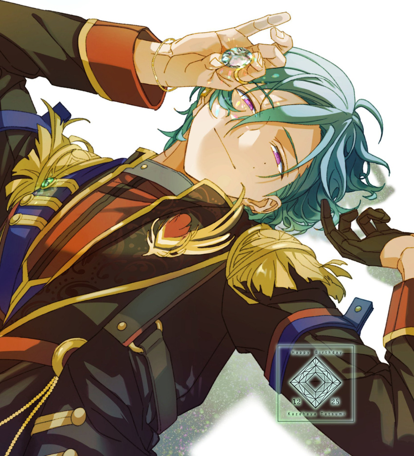 1boy, black_gloves, bracelet, closed_mouth, commentary_request, ensemble_stars!, feathers, fingernails