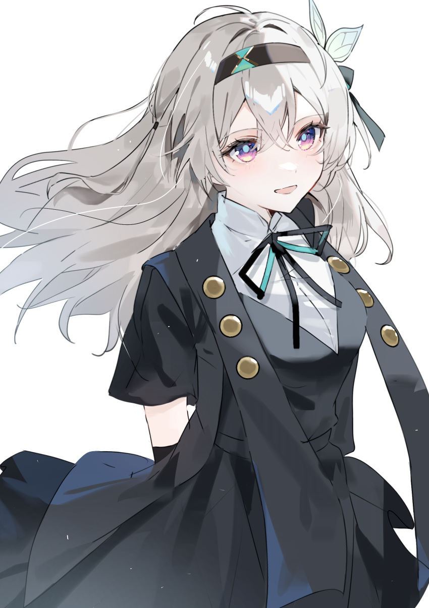 1girl, absurdres, arm_behind_back, black_coat, black_hairband, black_skirt, blue_eyes, coat