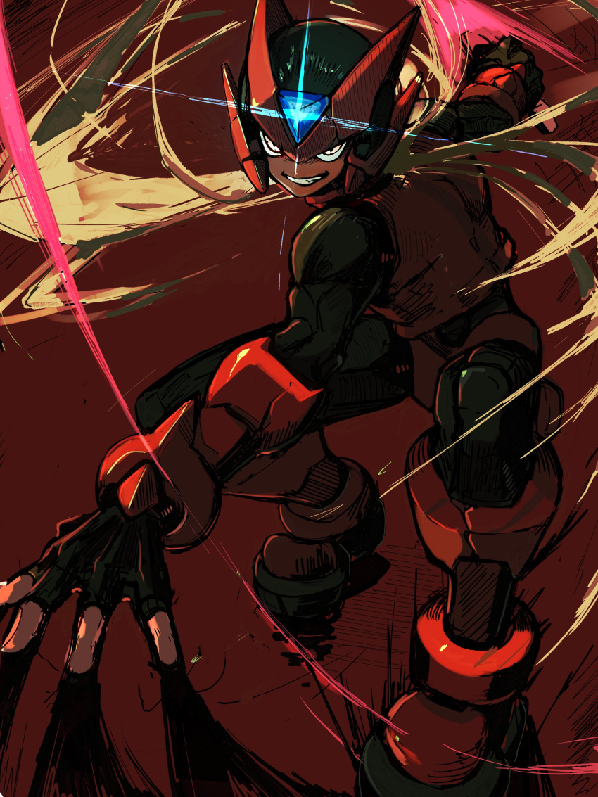 1boy, absurdres, armor, blonde_hair, energy_sword, forehead_jewel, full_body, helmet, highres, holding, holding_sword, holding_weapon, long_hair, male_focus, mega_man_(series), mega_man_zero_(series), omega_(mega_man), omochi_(mochi_skymega), red_armor, red_background, red_helmet, smirk, solo, sword, weapon, z_saber
