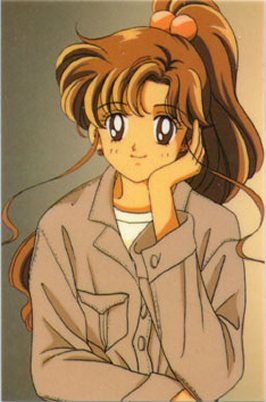 bishoujo_senshi_sailor_moon, brown_eyes, brown_hair, flannel_shirt, hair_bobbles, hand_on_face, kino_makoto, official_art, pocket, ponytail