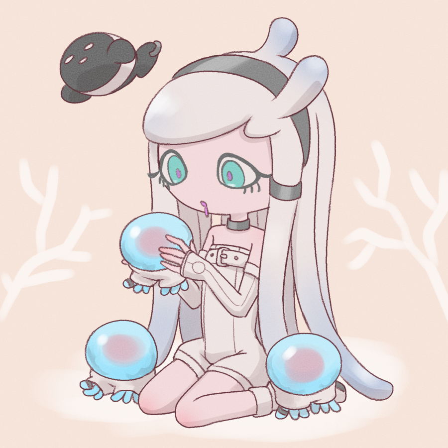 1girl, agent_8_(splatoon), agent_8_(splatoon)_(cosplay), bodysuit, cosplay, drooling, harmony's_clownfish_(splatoon), harmony_(splatoon), headband, jellyfish_(splatoon), long_hair, mian_noodle, open_mouth, solo, splatoon_(series), splatoon_3, splatoon_3:_side_order, tentacle_hair, white_bodysuit