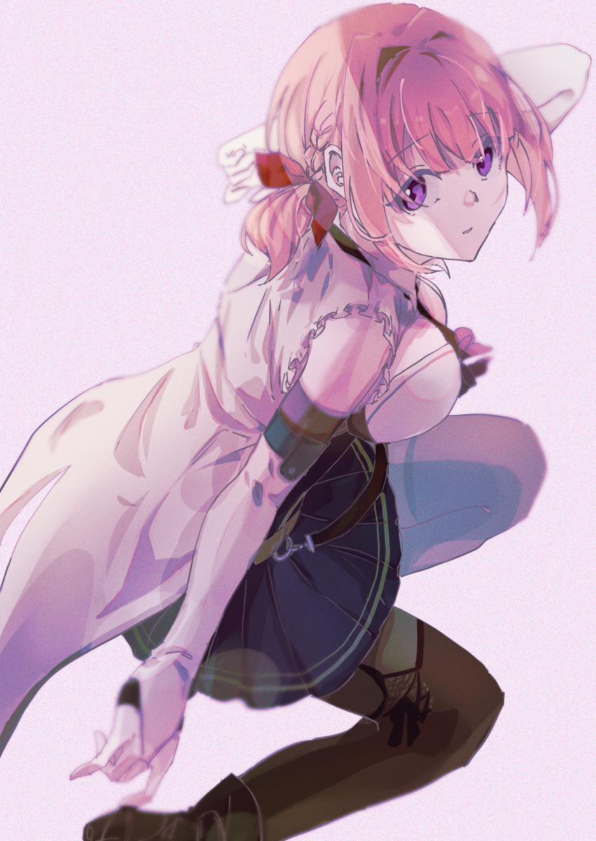 1girl, absurdres, ankle_boots, assault_lily, bare_shoulders, black_footwear, black_necktie, blue_skirt