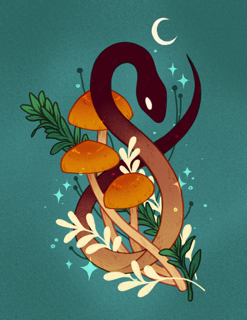 absurdres, animal, animal_focus, blue_background, commentary, crescent_moon, english_commentary, film_grain, highres, leaf, lianne_pflug, moon, mushroom, no_humans, original, snake, sparkle, thyme