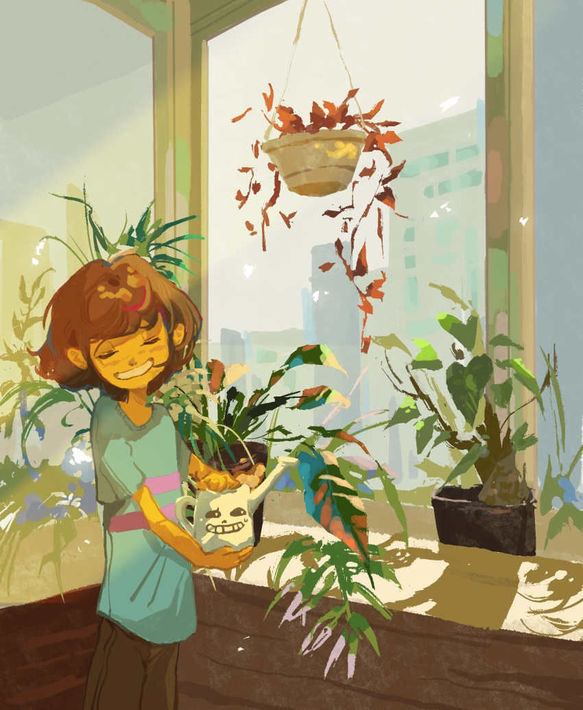 1girl, building, closed_eyes, colored_skin, frisk_(undertale), grin, hanging_plant, highres