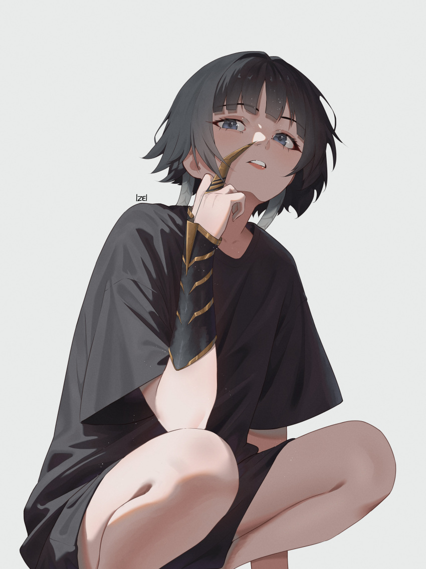 1girl, absurdres, alternate_costume, black_hair, black_shirt, bleach, blue_eyes, blunt_bangs, cowboy_shot, grey_background, highres, izei1337, long_hair, looking_ahead, parted_lips, shirt, short_sleeves, sidelocks, simple_background, solo, sui-feng