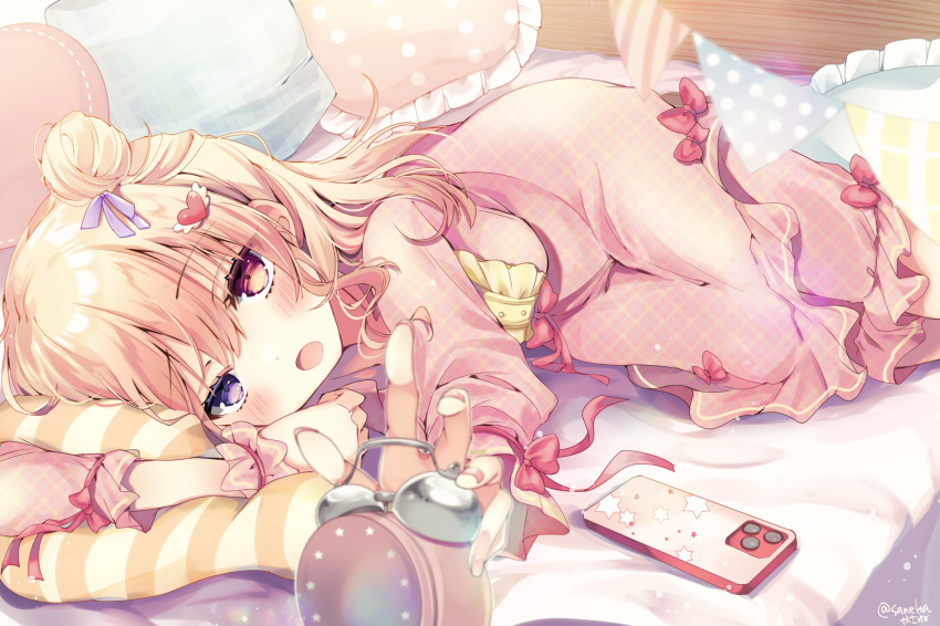 1girl, artist_name, bed_sheet, blonde_hair, blurry, blurry_foreground, blush, bow