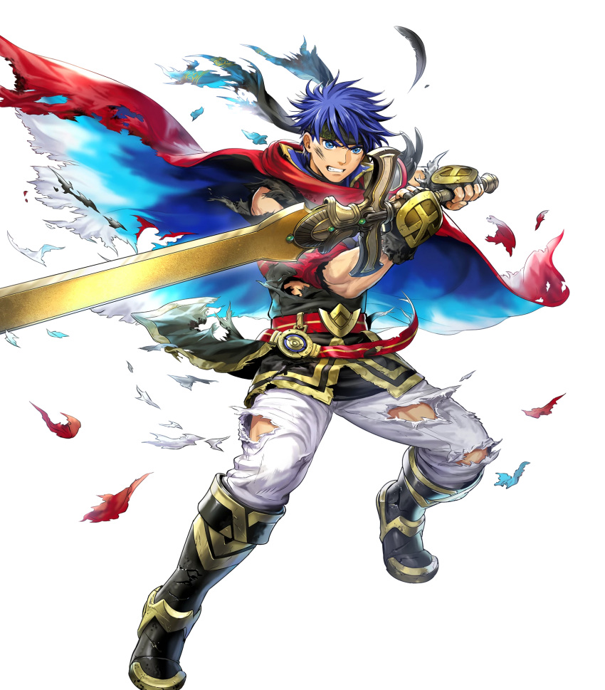 1boy, asatani_tomoyo, blue_eyes, blue_hair, boots, cape, clenched_teeth, fingerless_gloves, fire_emblem, fire_emblem:_path_of_radiance, fire_emblem_heroes, full_body, gloves, headband, highres, holding, holding_sword, holding_weapon, ike_(fire_emblem), ike_(resplendent)_(fire_emblem), male_focus, official_art, ragnell, red_cape, short_hair, short_sleeves, solo, sword, teeth, third-party_source, torn_cape, torn_clothes, transparent_background, two-sided_cape, two-sided_fabric, weapon