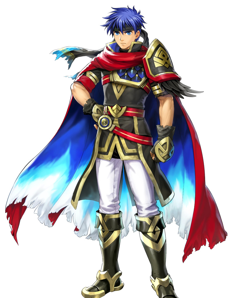 1boy, asatani_tomoyo, blue_eyes, blue_hair, boots, cape, clenched_hand, fingerless_gloves