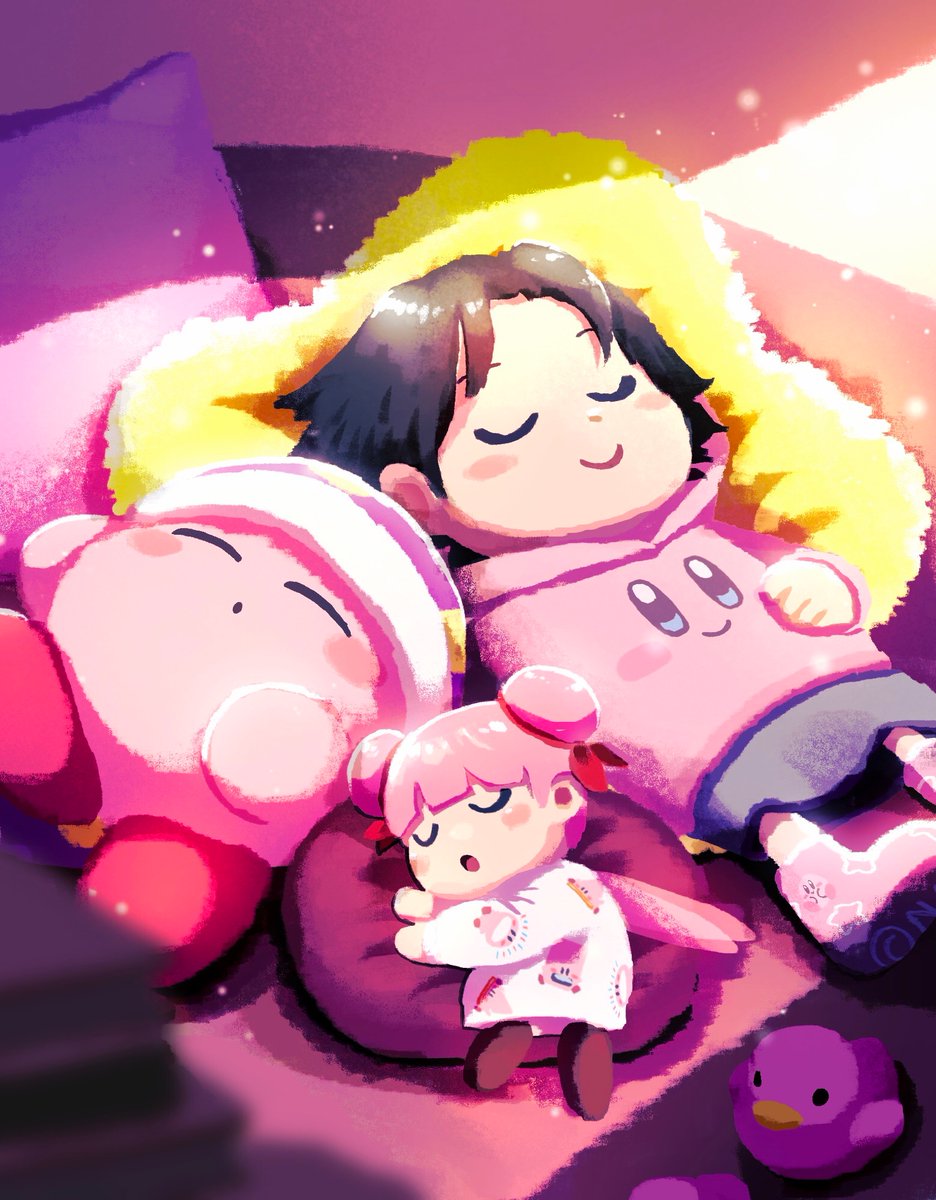 2girls, :o, adeleine, aruco_co, black_hair, blurry, blurry_foreground, blush, blush_stickers, book, book_stack, character_print, closed_eyes, closed_mouth, cone_mouth, copy_ability, double_bun, fairy, fairy_wings, grey_skirt, hair_bun, hair_ribbon, hat, highres, hood, hood_down, hoodie, indoors, kirby, kirby_(series), light-bulb_mouth, light_particles, long_sleeves, lying, mouthful_mode, multiple_girls, nightcap, on_back, on_side, open_mouth, pajamas, parted_bangs, pillow, pink_hair, pink_hoodie, pink_socks, polka_dot_headwear, print_hoodie, print_shirt, print_socks, purple_hat, red_ribbon, ribbon, ribbon_(kirby), rubber_duck, shirt, short_hair, skirt, sleep_kirby, sleeping, smile, socks, star-shaped_pillow, star_(symbol), star_print, sunlight, u_u, vending_mouth, white_shirt, wings