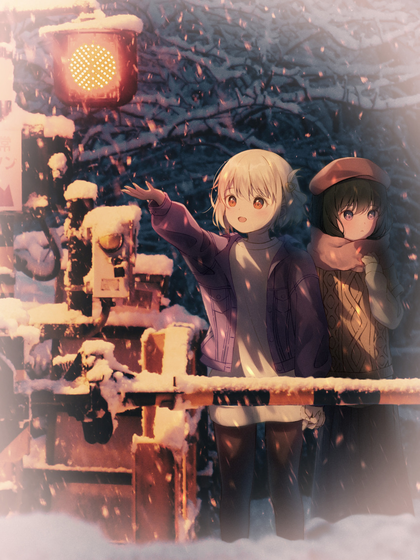 2girls, absurdres, aran_sweater, awomomiji, black_hair, black_pantyhose, black_skirt, blonde_hair