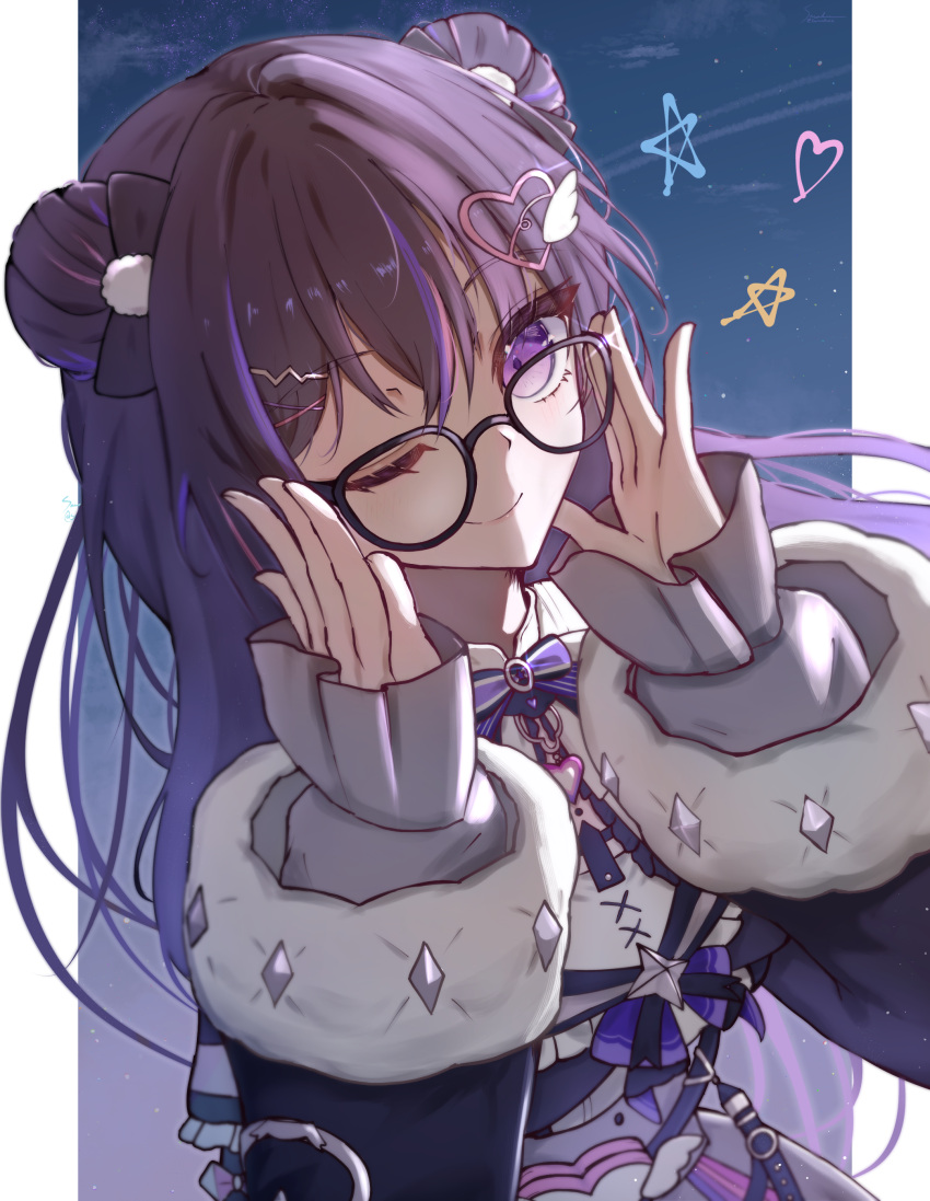 1girl, absurdres, adjusting_eyewear, bespectacled, black-framed_eyewear, black_bow, black_sleeves, blue_sky