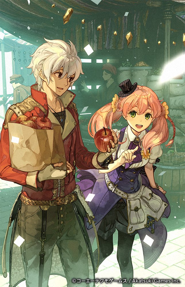 1boy, 1girl, apple, atelier_(series), atelier_escha_&amp;_logy, atelier_resleriana, bag, belt