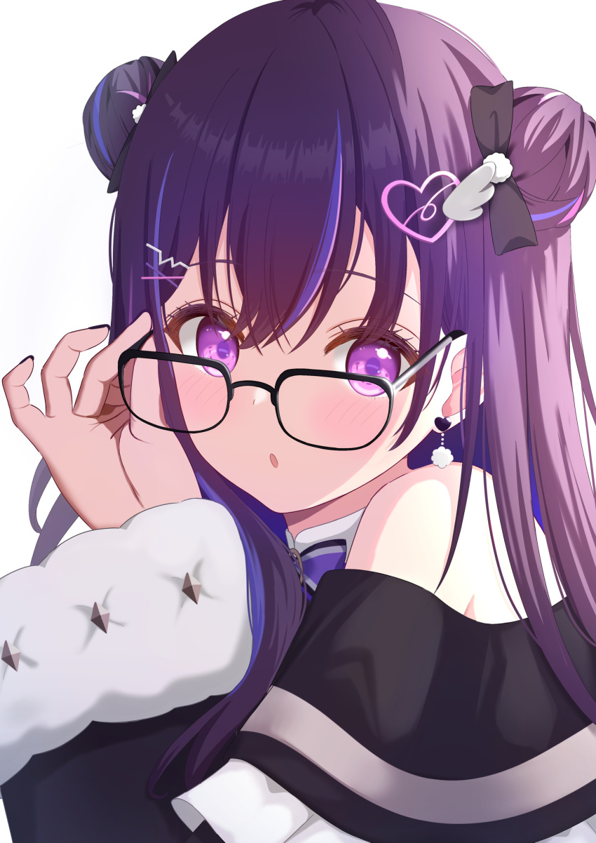 1girl, :o, adjusting_eyewear, bare_shoulders, bespectacled, black-framed_eyewear, black_bow, black_jacket, black_nails, blue_hair, blush, bow, colored_inner_hair, commentary, double-parted_bangs, double_bun, earrings, fingernails, floating_earring, from_side, glasses, hair_between_eyes, hair_bow, hair_bun, hair_ornament, hair_over_shoulder, hairclip, hand_on_eyewear, hand_up, head_tilt, heart, heart_earrings, heart_hair_ornament, hetj5235, highres, jacket, jewelry, long_hair, long_sleeves, looking_at_viewer, looking_over_eyewear, looking_to_the_side, mikure_narin, multicolored_hair, nail_polish, off_shoulder, parted_lips, purple_hair, raised_eyebrows, sideways_glance, simple_background, solo, streaked_hair, thick_eyelashes, turning_head, upper_body, violet_eyes, virtual_youtuber, vspo!, vspo!_en, white_background, wide_sleeves, x_hair_ornament