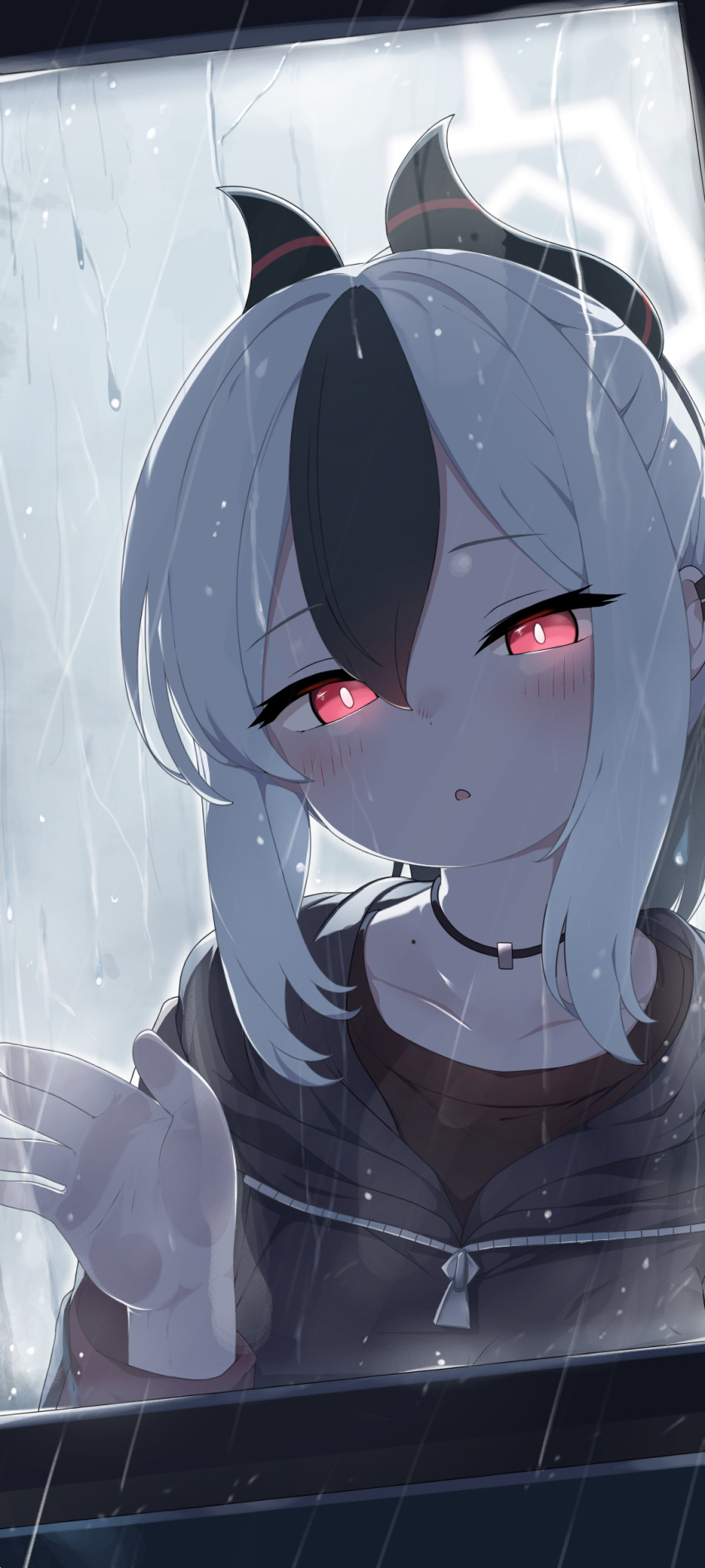 1girl, absurdres, against_glass, black_hair, black_horns, black_jacket, blue_archive, bright_pupils, didac_fantasy, halo, hand_on_glass, highres, horns, jacket, kayoko_(blue_archive), looking_at_viewer, mole, mole_on_neck, multicolored_hair, rain, red_eyes, solo, two-tone_hair, white_hair, white_halo, white_pupils