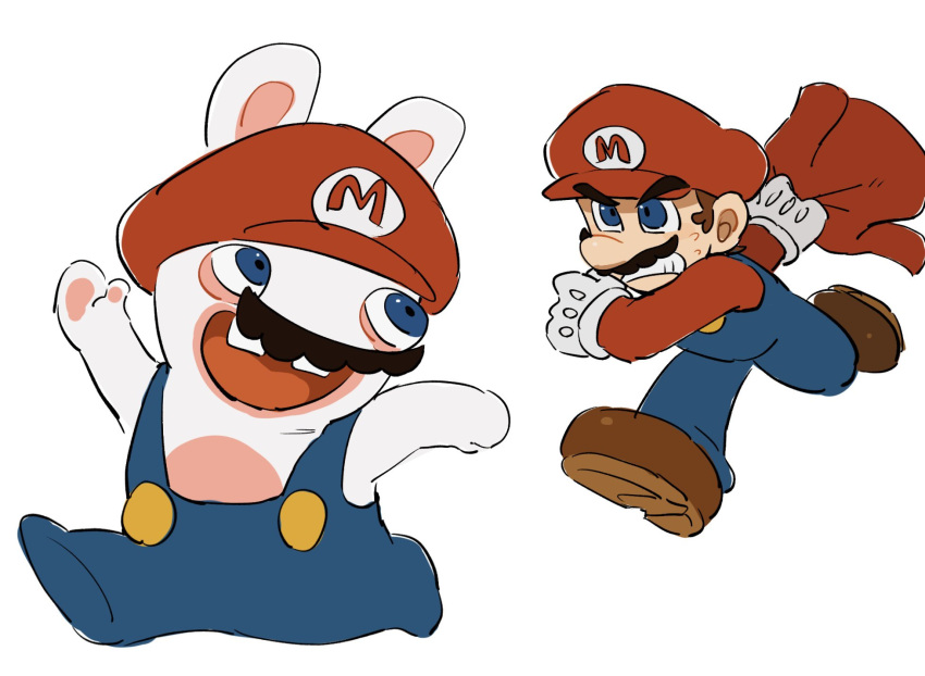 2boys, animal_ears, blue_eyes, blue_overalls, brown_hair, buck_teeth, commentary, facial_hair