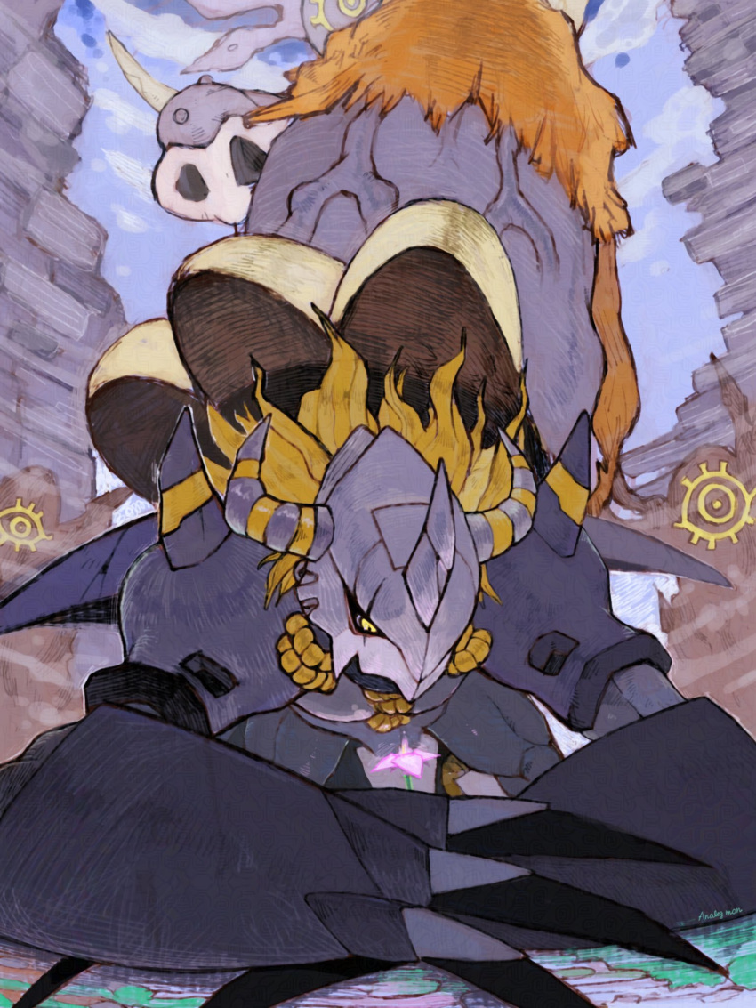 analog_boy02, armor, black_armor, black_skin, blackwargreymon, blonde_hair, colored_skin, digimon