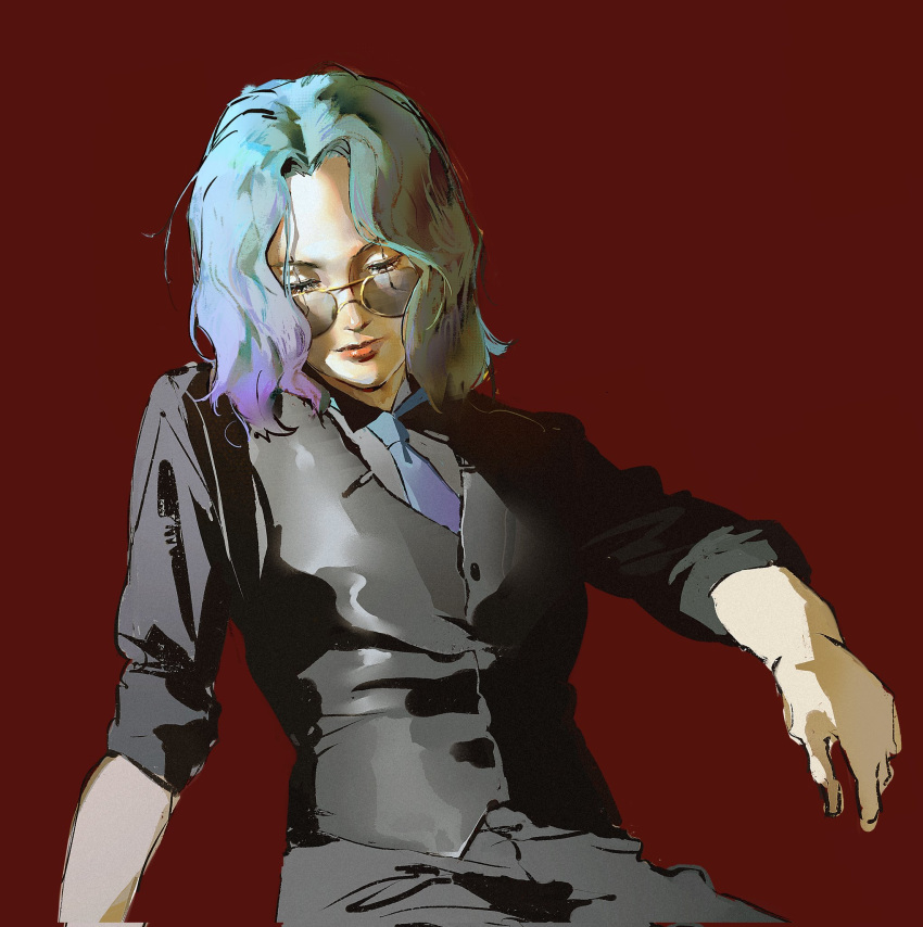 1girl, black_pants, black_shirt, black_vest, blue_hair, blue_necktie, closed_mouth, corrupted_twitter_file