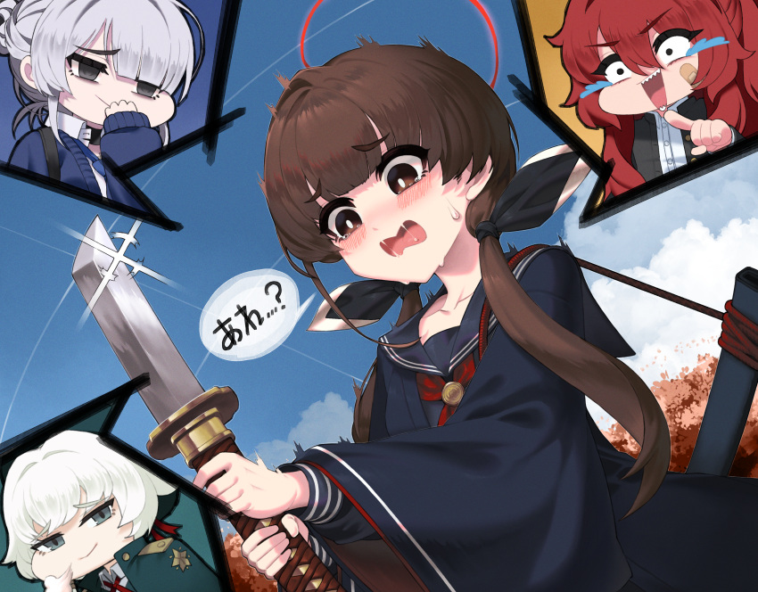 4girls, absurdres, ashiharatsumori_koito, black_jacket, black_ribbon, black_sailor_collar, black_serafuku, black_shirt, blue_sky, blush, brown_eyes, brown_hair, clouds, collarbone, commentary_request, crying, day, glint, hair_ornament, hair_ribbon, halo, highres, holding, holding_sword, holding_weapon, itokonoue_kaoru, jacket, korean_commentary, kuzunoha_rei, laughing, long_hair, long_sleeves, looking_at_object, low_twintails, multiple_girls, neckerchief, ohitome_kohane, open_mouth, orangekun0807, outdoors, pointing, project_kv, red_halo, red_neckerchief, redhead, ribbon, sailor_collar, saliva, school_uniform, serafuku, sharp_teeth, sheath, shirt, short_sword, sky, smile, speech_bubble, sword, tearing_up, tears, teeth, translation_request, twintails, upper_body, weapon, white_hair, wide_sleeves