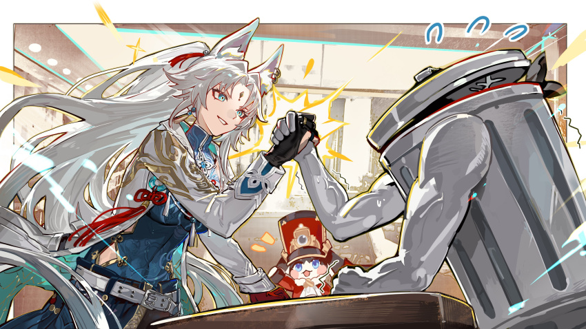 1girl, absurdres, animal_ear_piercing, animal_ears, arm_wrestling, artist_request, belt, blue_eyes