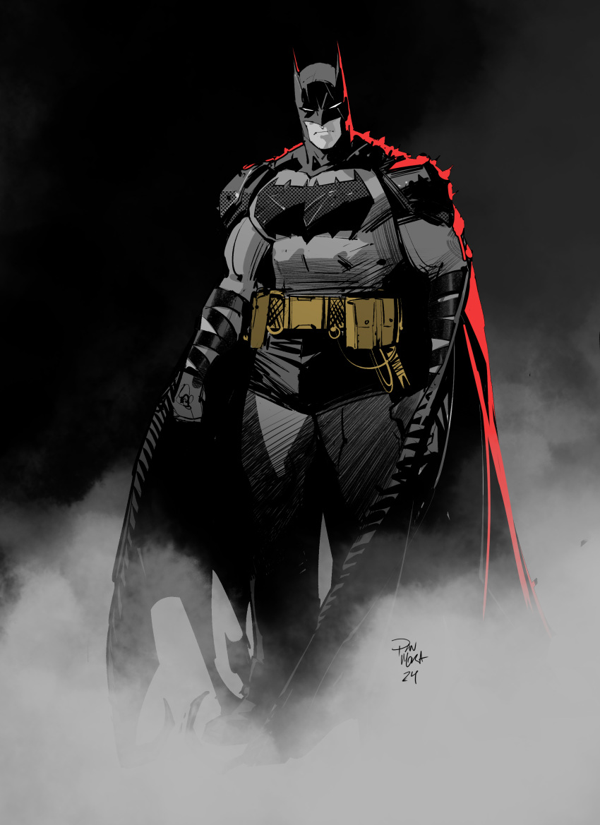 1boy, absolute_batman, absolute_dc, absurdres, batman, batman_(series), belt, black_cape, black_gloves, bodysuit, cape, cowl, dan_mora, dc_comics, gloves, grey_bodysuit, highres, male_focus, muscular, muscular_male, solo, superhero_costume, western_comics_(style)