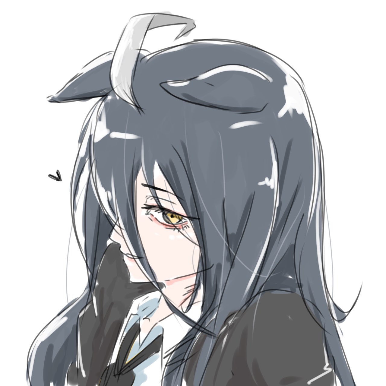 1girl, ahoge, animal_ears, black_coat, black_hair, black_necktie, coat, collared_shirt