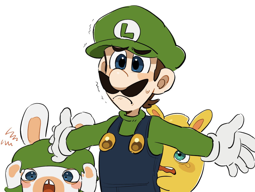 2boys, animal_ears, blue_eyes, blue_overalls, brown_hair, buck_teeth, commentary, facial_hair