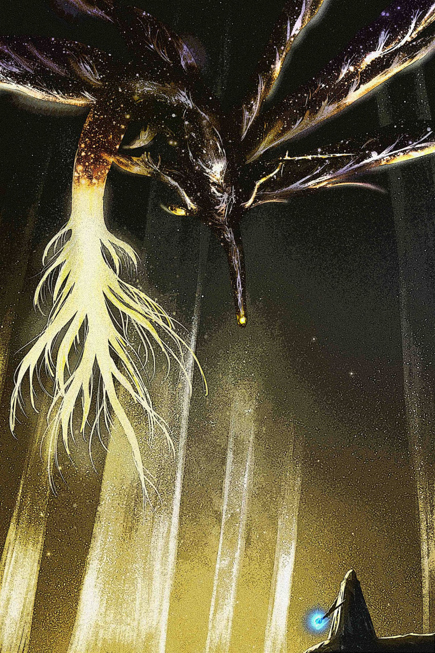 00osamio00, 1other, astrologer_(elden_ring), black_skin, cloak, colored_skin, crystal, divine_entity, elden_beast, elden_ring, eldritch_abomination, erdtree_(elden_ring), fantasy, feathers, film_grain, floating, glowing, glowing_eye, glowing_weapon, highres, holding, holding_staff, hood, hooded_cloak, light_particles, looking_at_another, looking_down, looking_up, mage_staff, monster, multiple_wings, one-eyed, see-through_body, solo, space, staff, standing, star_(sky), tail, tarnished_(elden_ring), weapon, wings, yellow_eyes, yellow_tail, yellow_theme