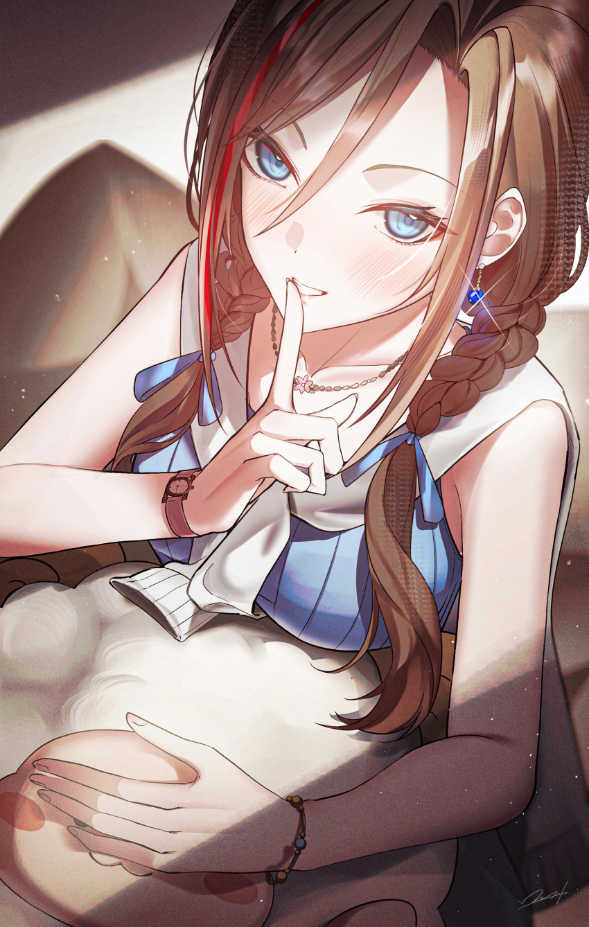 1girl, :3, absurdres, blue_eyes, blue_gemstone, blue_ribbon, blue_shirt, blush