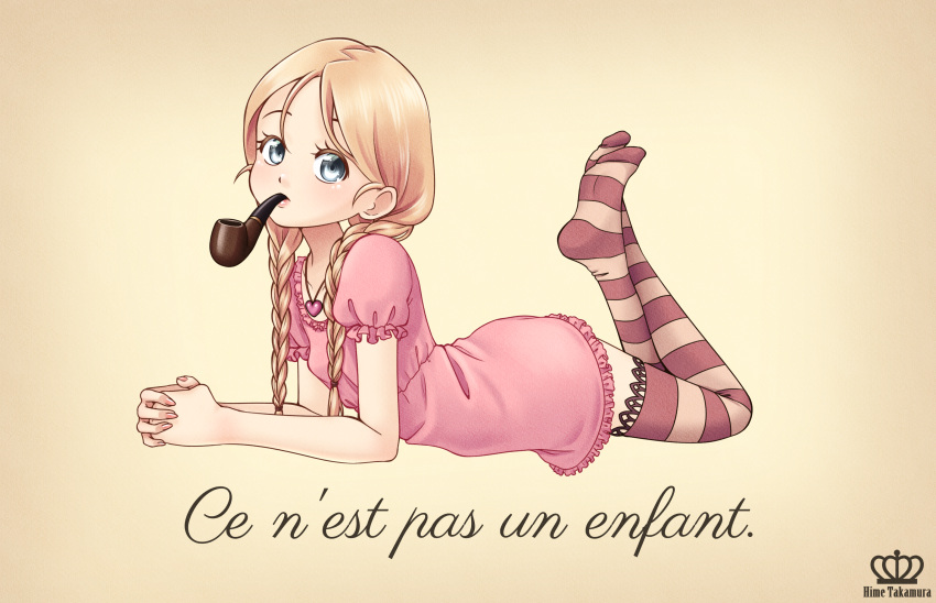 1girl, baraag, blonde_hair, blue_eyes, braid, breasts, dress, english_commentary, heart_pendant, highres, hime_takamura, la_trahison_des_images, linnea_(baraag), long_hair, looking_at_viewer, low_twin_braids, lying, on_stomach, parody, pink_dress, small_breasts, smoking_pipe, solo, striped_clothes, striped_thighhighs, thigh-highs, twin_braids