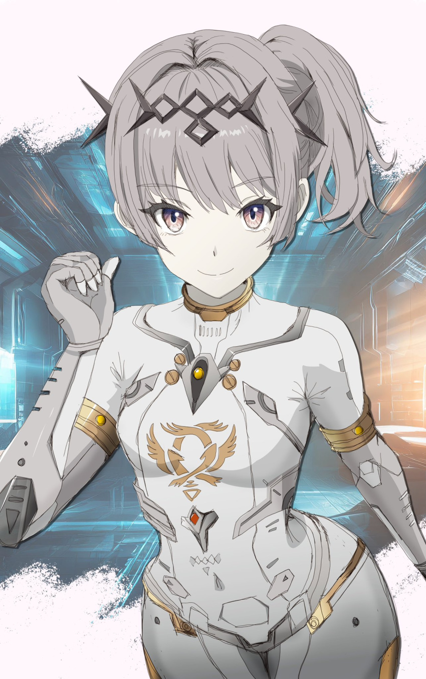 1girl, bodysuit, breasts, circlet, grey_bodysuit, grey_hair, highres, long_hair, looking_at_viewer, multicolored_eyes, nanami:_starfarer_(punishing:_gray_raven), nanami_(punishing:_gray_raven), pilot_suit, punishing:_gray_raven, side_ponytail, small_breasts, solo, spacesuit, tokumori_umaai